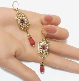 Victorian Gold and Red Dangle Earrings